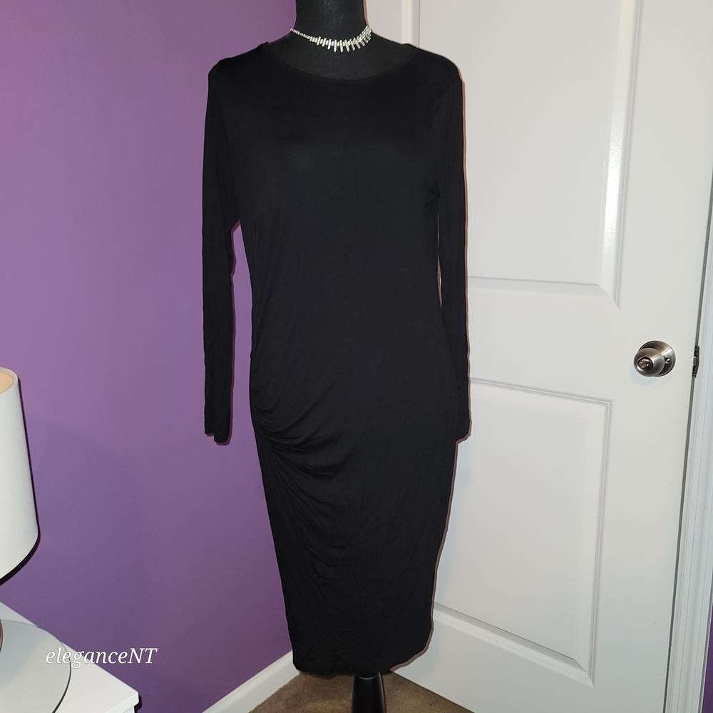 Kardashian Kollection Classic Black Long Sleeve Side Rouch Dress Sz: L - Picture 6 of 7